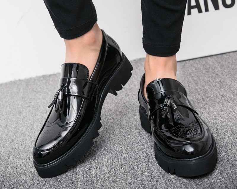 Generic Men's Patent Leather Platform Slip-On Casual Loafers Shoes Fashion Round Toe Tassel Non-Slip Lug Sole Dress Shoes for Party Dating Prom3