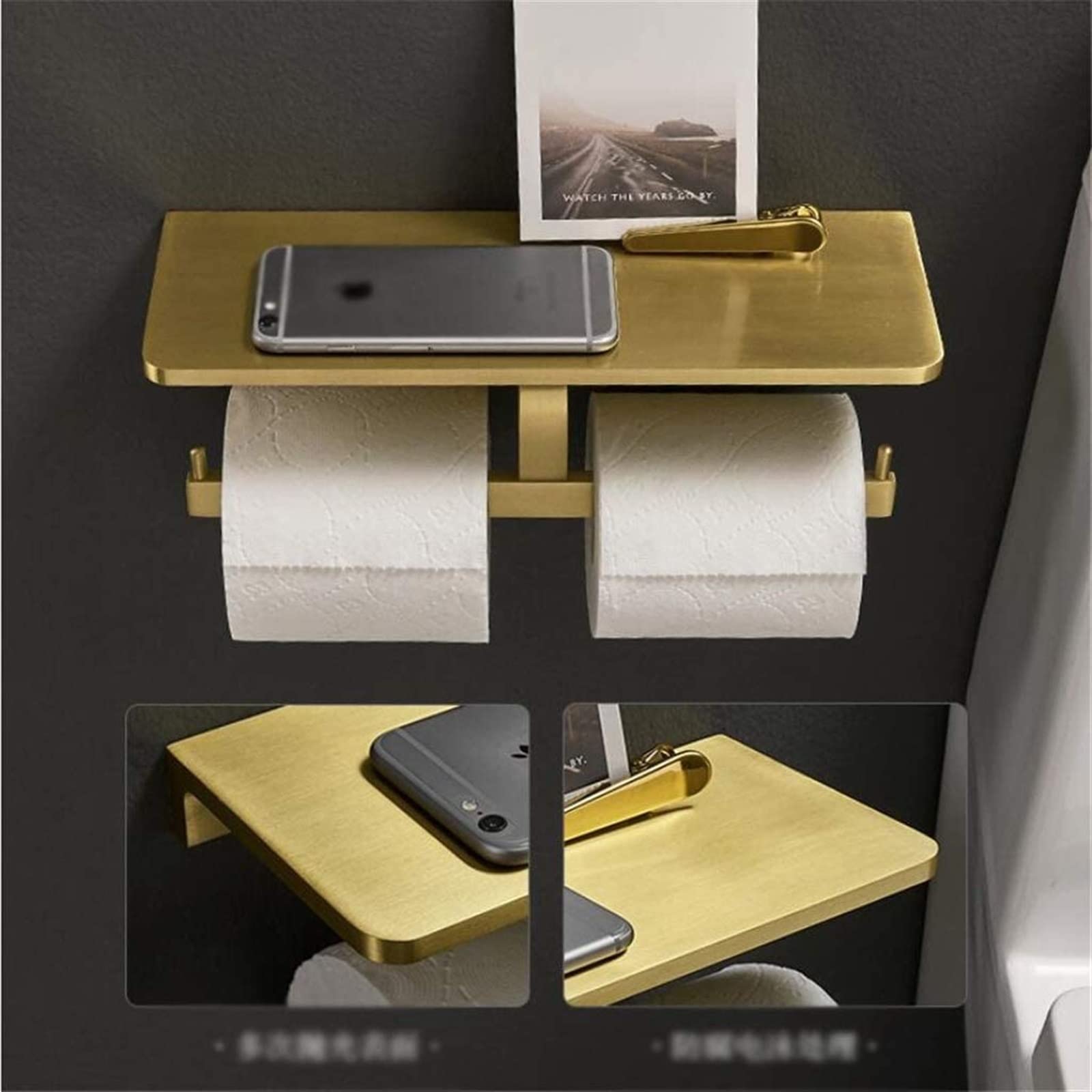 HLTYGWX Uchwyt na papier toaletowy Uchwyt na papier toaletowy Stojak na papier toaletowy Uchwyt na telefon komórkowy ze szczotkowanego złota Łazienka Papierowe pudełko wiszą na ścianie Uchwyt na