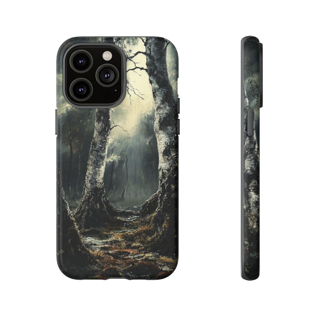 Coque rigide mate iPhone 14 Pro Max noire protection motif forêt maussade