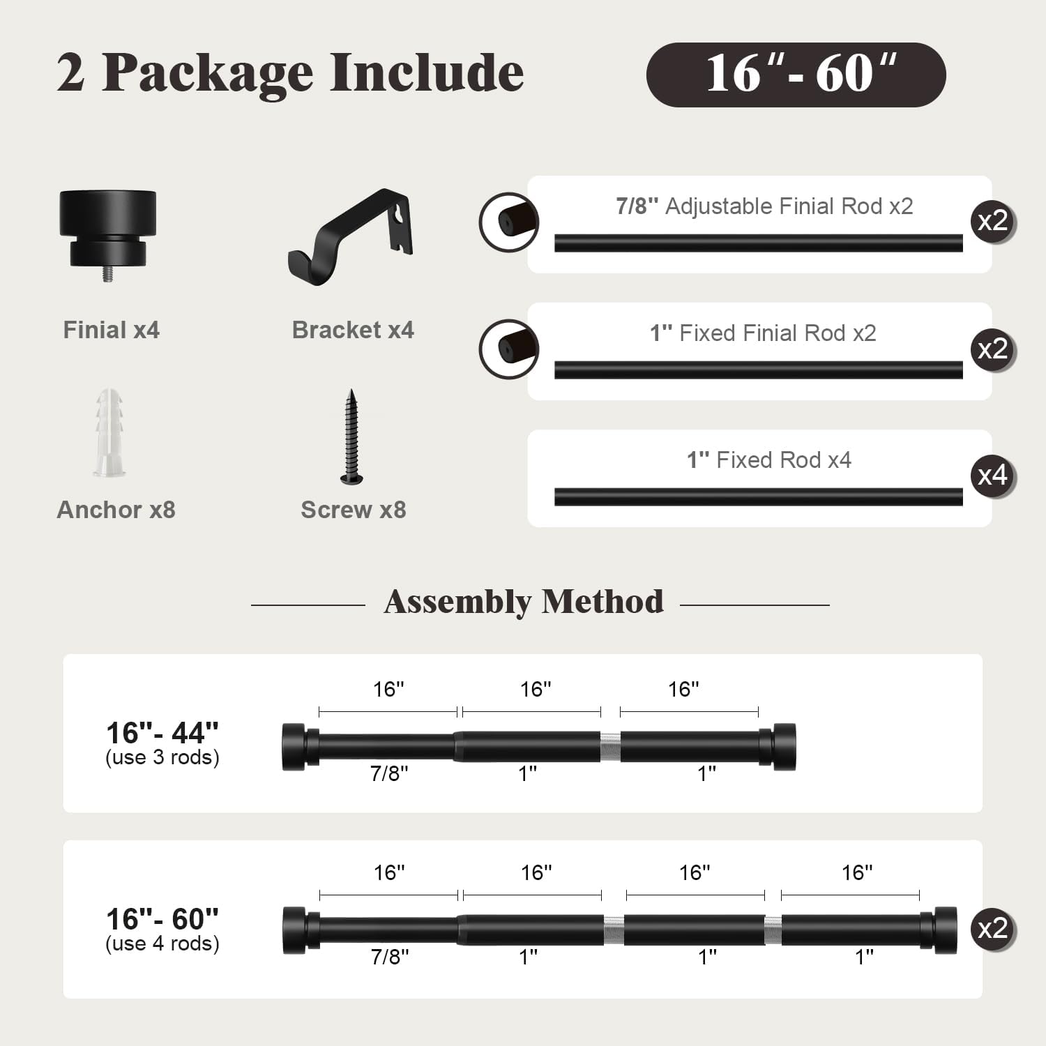 Oneach 2-Pack Heavy Duty Curtain Rods for Windows 28 to 48 Inch, 1 Inch Pole Adjustable Curtain Rod with Easy Installation and Modern Design (Black, 16 to 60 Inch)
