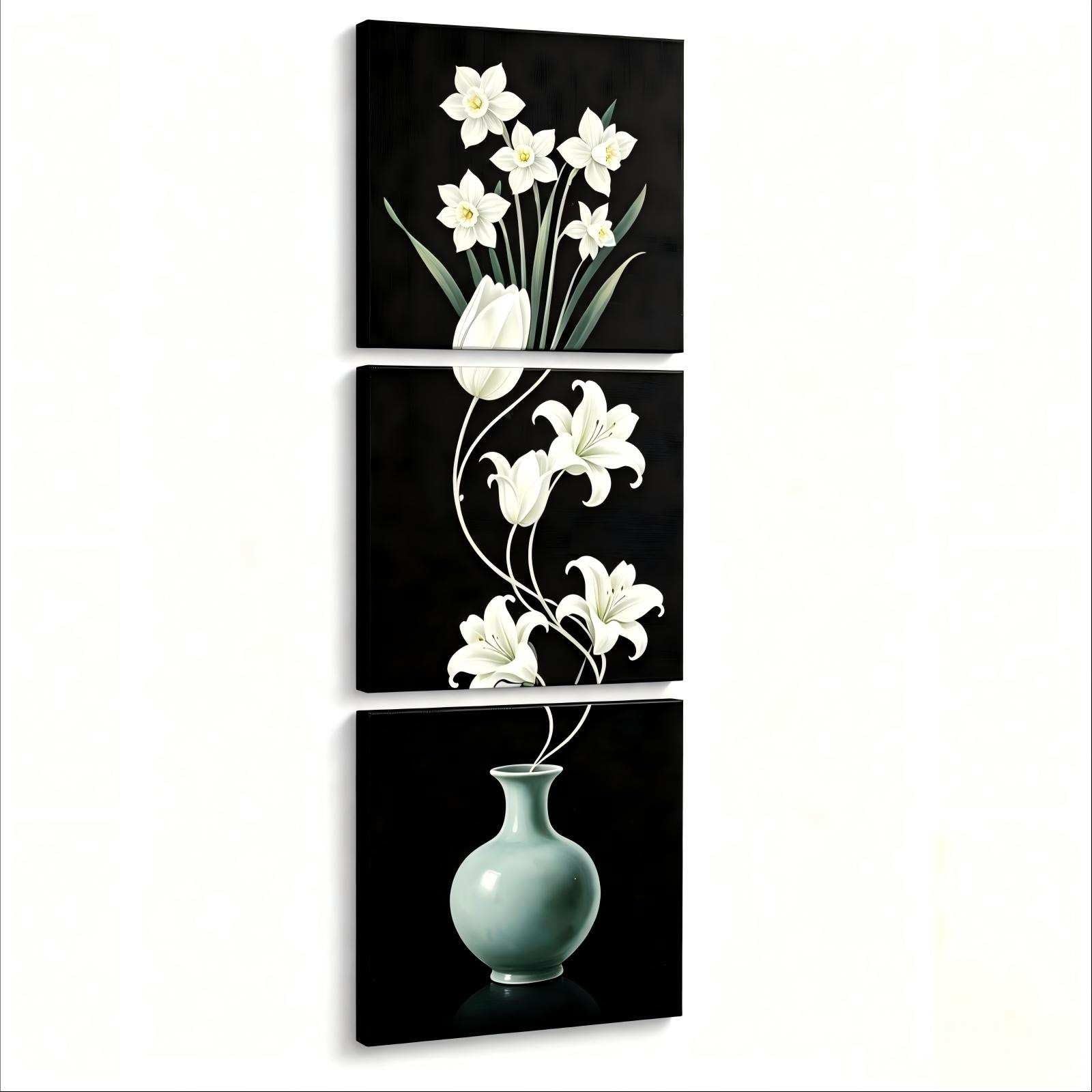 RGsixiot Cuadro en Lienzo Asiático 3 Paneles Flores Blancas Jarrón Celadón