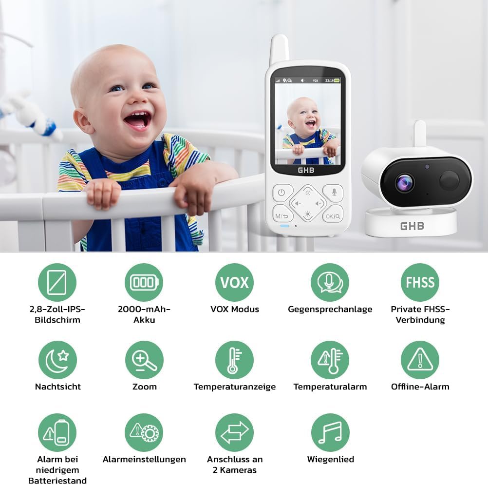 GHB Elektroniczna niania z kamerą 720p HD 2000 mAh, monitor niemowlęcy 2,8 cala z 8 kołysankami VOX zoom, widoczność w nocy