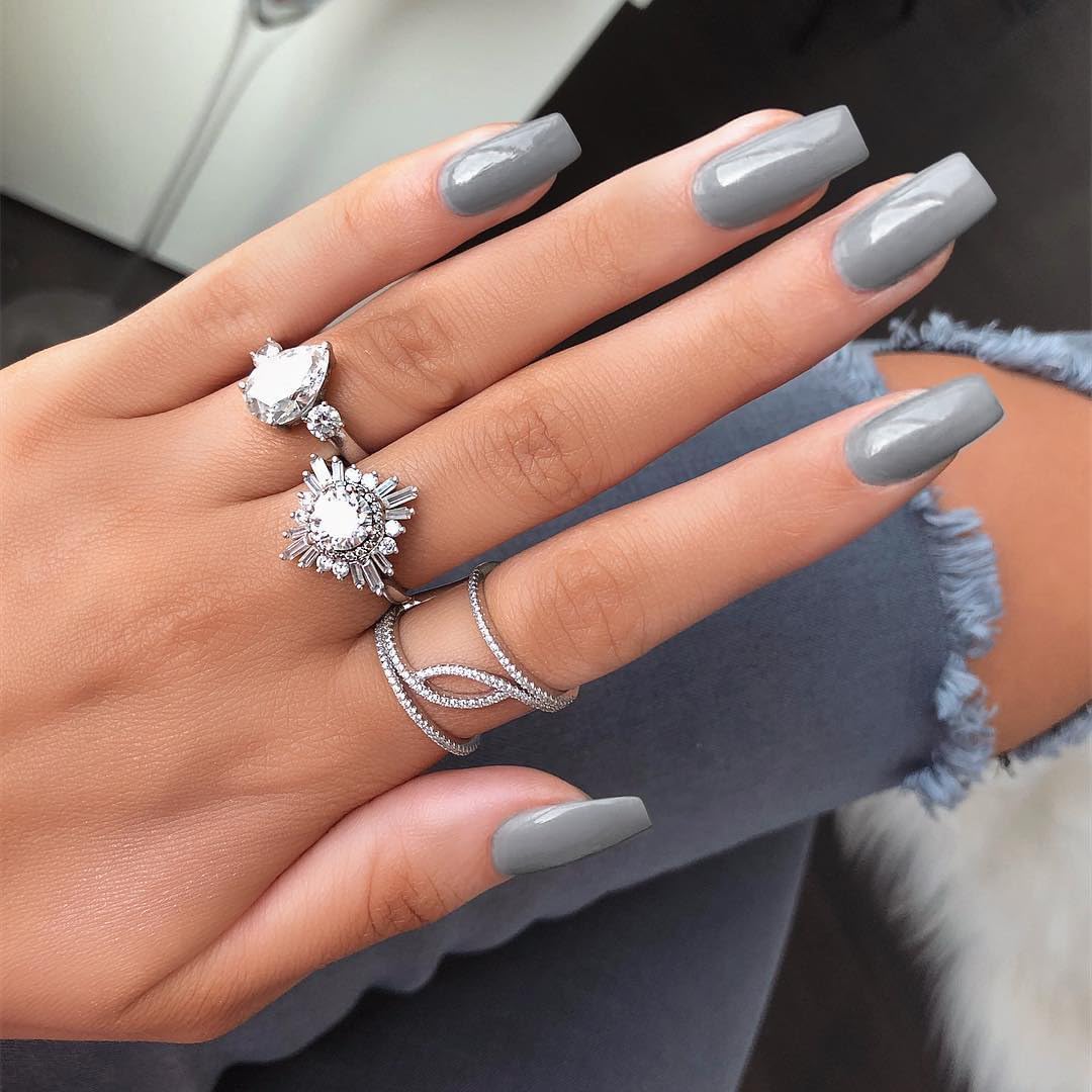 KQueenest Gray Press on Nails Long Square, Dark Grey False Nails Long Medium Coffin