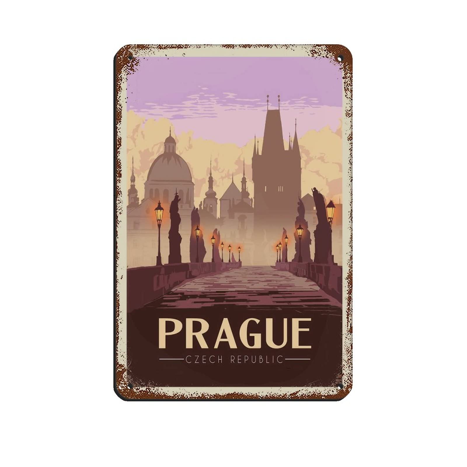 AZOLID Metal Tin Signs Prague Czech Republic Metal Travel Tin Signs Wall Decor for Cafe Bar Pub Home 14x20CM