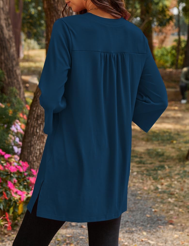 Poetsky Womens Tunic Tops 3/4 Bell Sleeve Loose Fit Tunics Dressy Casual Side Split Flare Top for Leggings S-3XL - Image 2