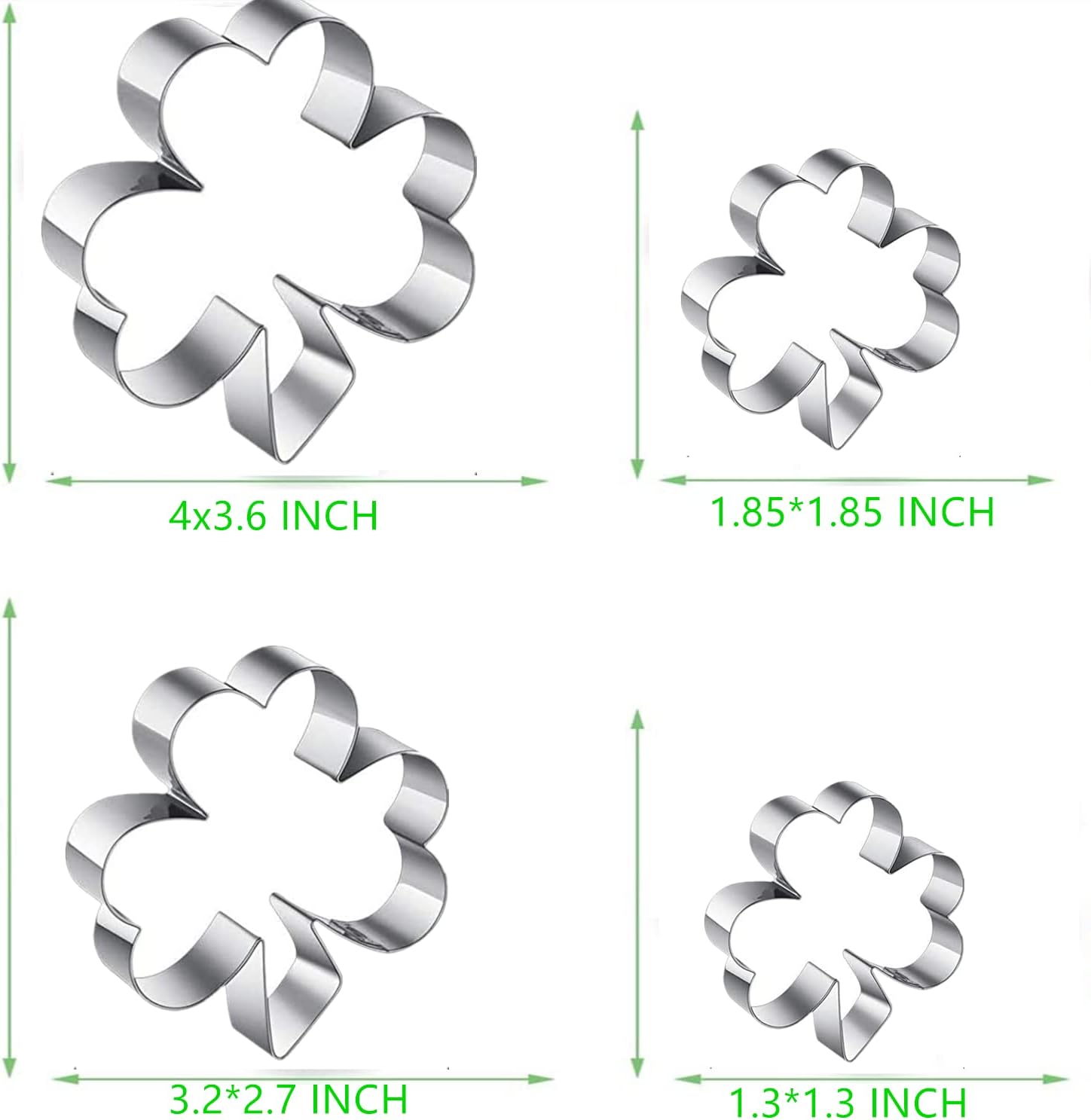 Clover Cookie Cutter Set, 4-Piece Patrick's Day Shamrock Cookie Cutter Set, Irish Holiday Party Supplies4'', 3.2'', 1.85'', 1.3''