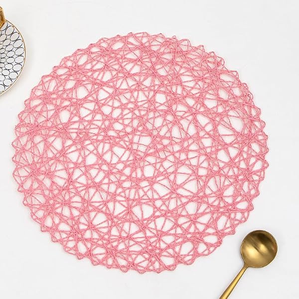 IcosaMro Round Woven Placemats Set of 6 for Dining Table, 13 Inch Paper Boho Placemat Decorative Place Mat for Wedding Christmas Thanksgiving Day Holiday Dinner (Pink) by IcosaMro - Used condition - Image 4