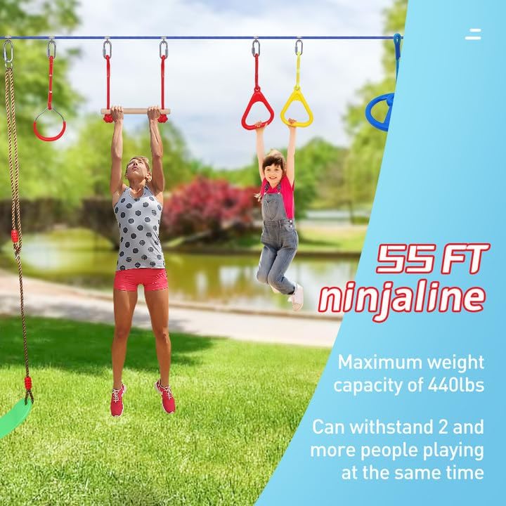 Miniatura 3 de Carrera de obstáculos Ninja Warrior para niños, línea floja duradera de 55 pies con 13 obstáculos, barras de mono, entrenadores de brazos y más,