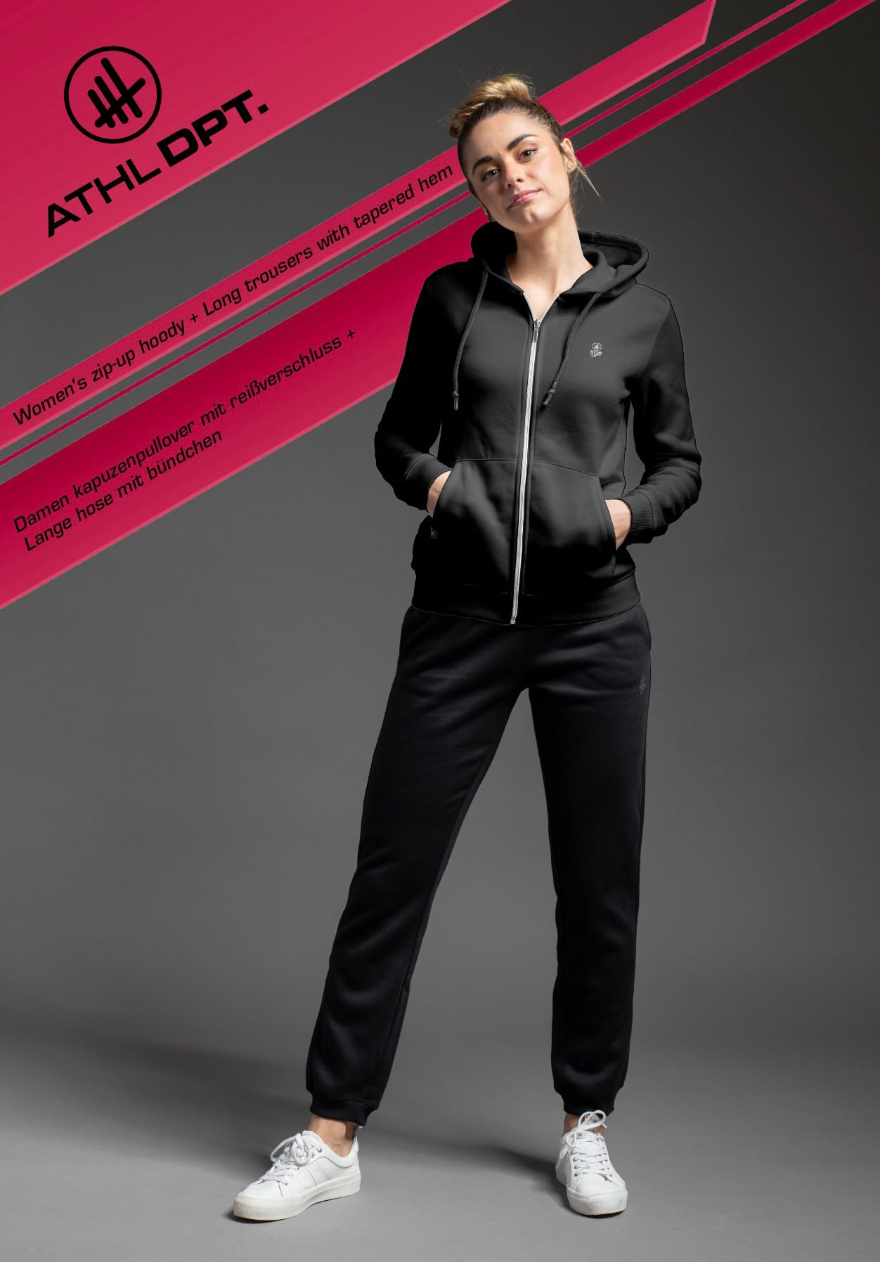Tuta sportiva alla moda da donna/completo con felpa con cappuccio e pantaloni con polsini