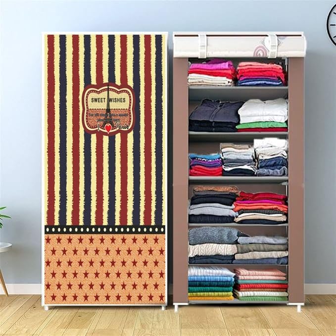 CMerchants Portable Collapsible Wardrobe for Clothes Storage – Foldable Cloth Organizer Cupboard with Shelves for Bedroom & Home (Durable, Space Saving Design) (Brown Love Paris, 6-Layer)-image-38