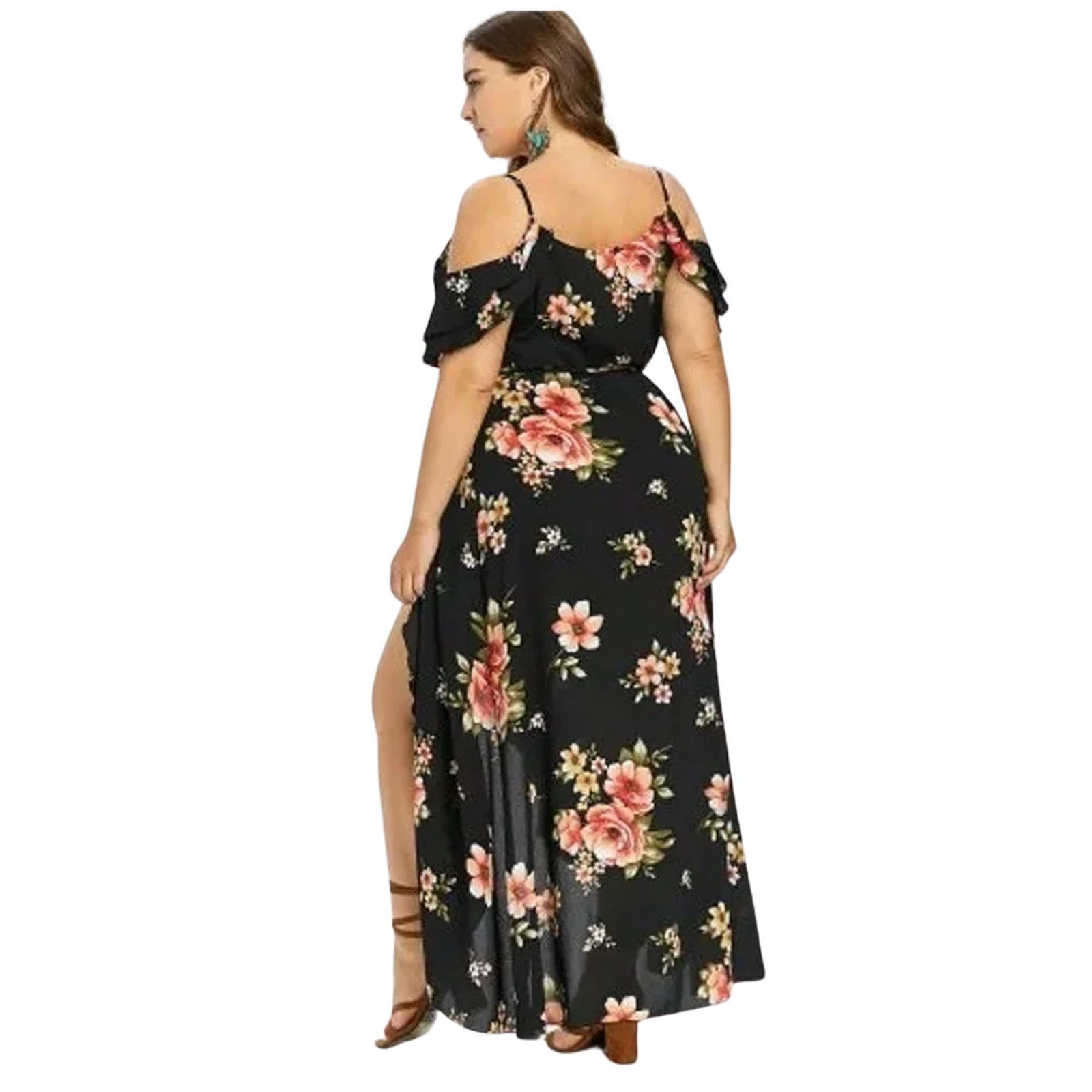 Vestido de Verano de Flores Femeninas de Gran Tamaño Vestido Bohemio de Manga Corta de Cuello V con Volantes en Forma de a, HUTALIM, Negro, XXL