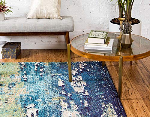 Image of Unique Loom Estrella Collection Distressed, Landscape, Abstract, Modern, Earth Tones Area Rug, 8' x 11' Rectangle, Navy Blue /Beige