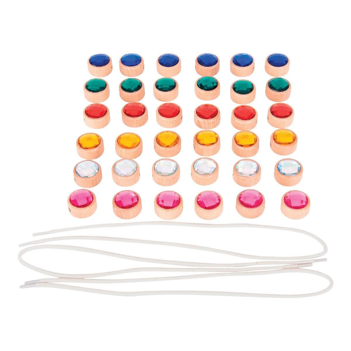 tickit Wooden Lacing Jewels - Brightly Coloured Faceted Gems in FSC-Certified Beechwood Frames for Creative Play, Threading & Fine Motor Development  36 Pieces with Laces & Storage Bag