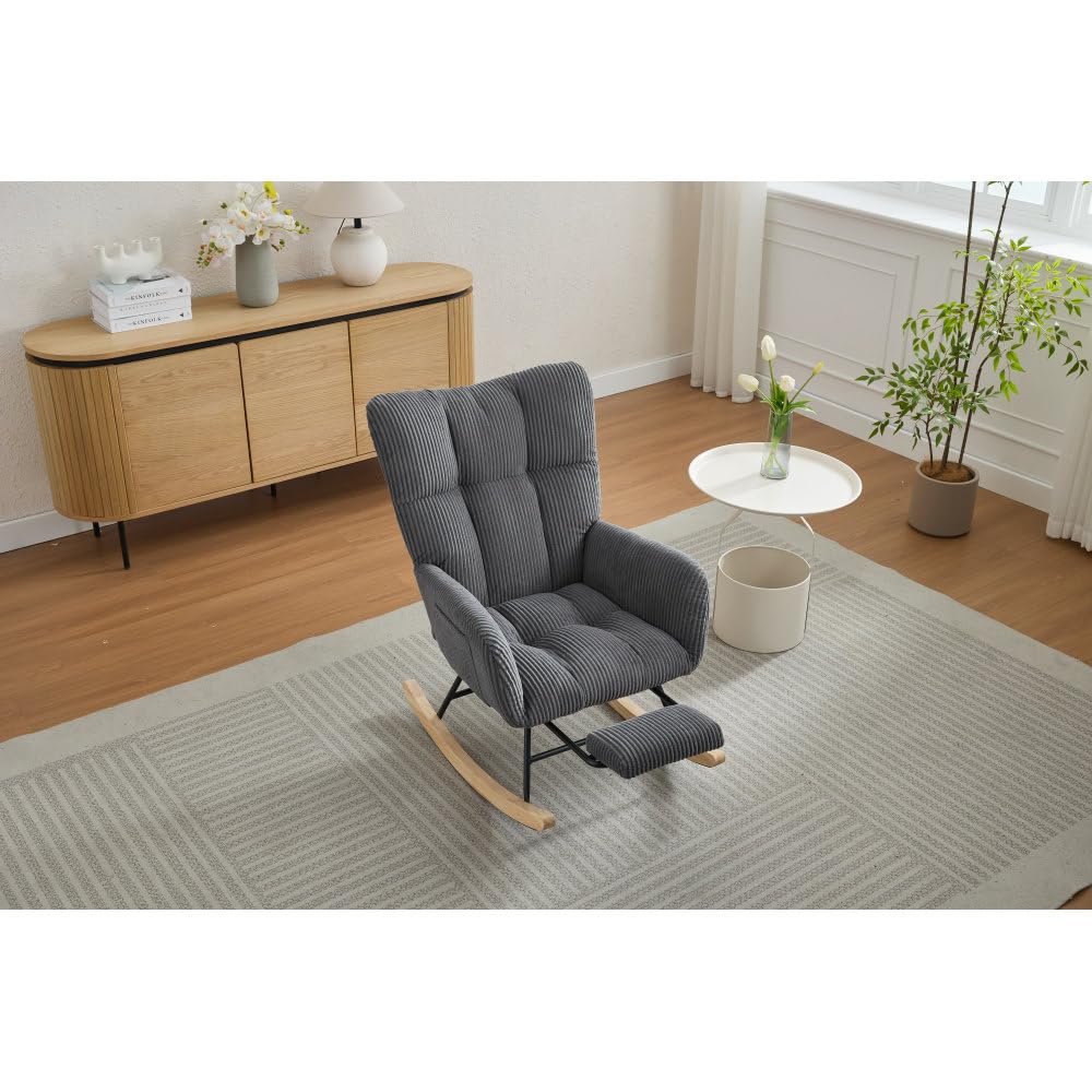 Modern Nursery Rocking Chair, Upholstered Glider Chair with High Backrest, Rocker Accent Armchair with Solid Wood Legs for Nursery Bedroom Living Room Green (Dark Gray + Fabric)