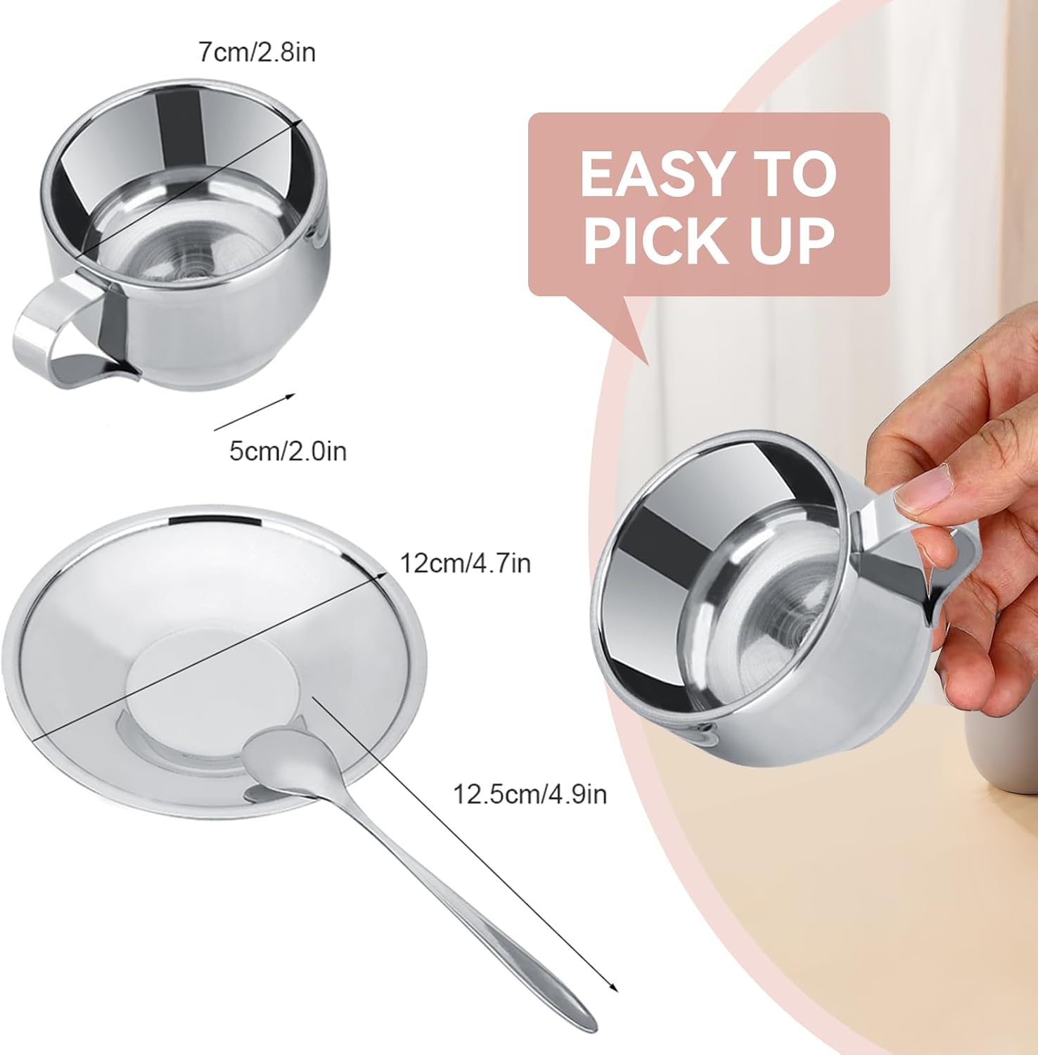Agatige 4oz Mug and Saucer Set, Stainless Steel Double Wall Insulated Coffee Mug Espresso Latte Cups with Saucer and Spoon for Coffee, Latte, Tea Cappuccino, Milk