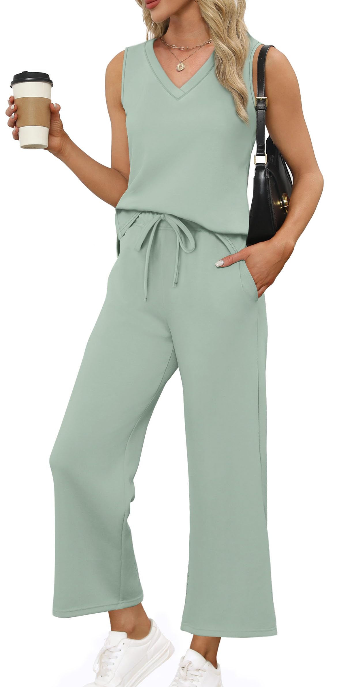 XIEERDUO Two Piece Sets for Women Summer Vacation Travel Outfits V Neck Lounge Matching Sets