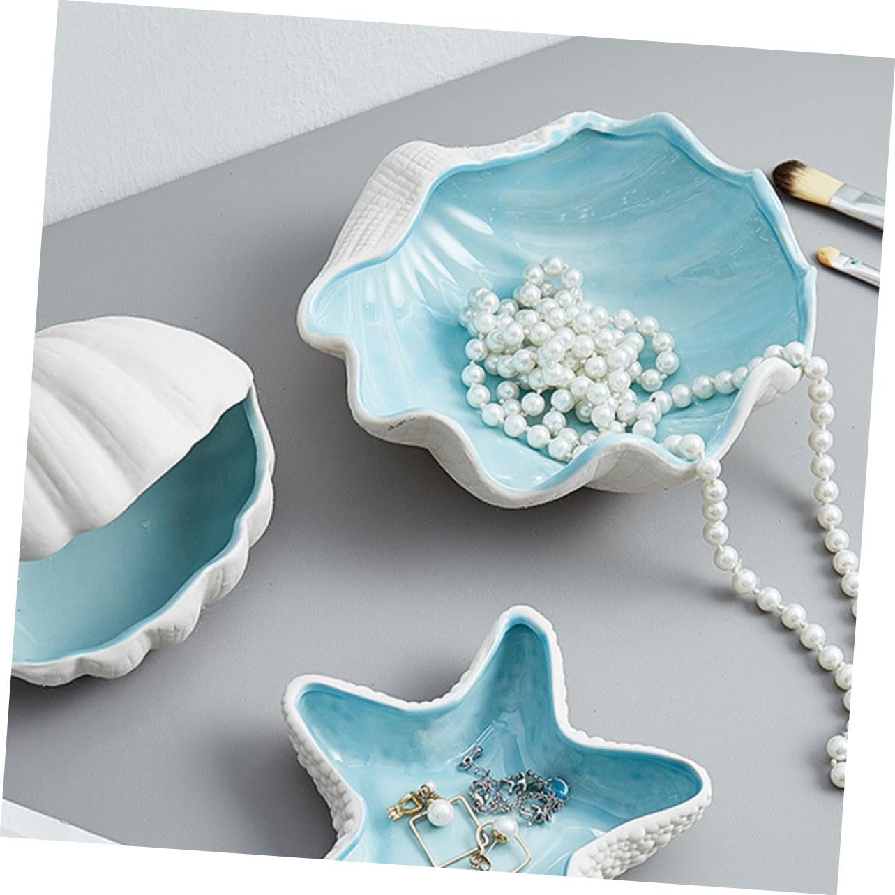 Bandeja Organizador Creativo de Cerámica de Almacenamiento Forma de Concha Azul Multiusos para Joyas y Adorno del Hogar para Housewarming