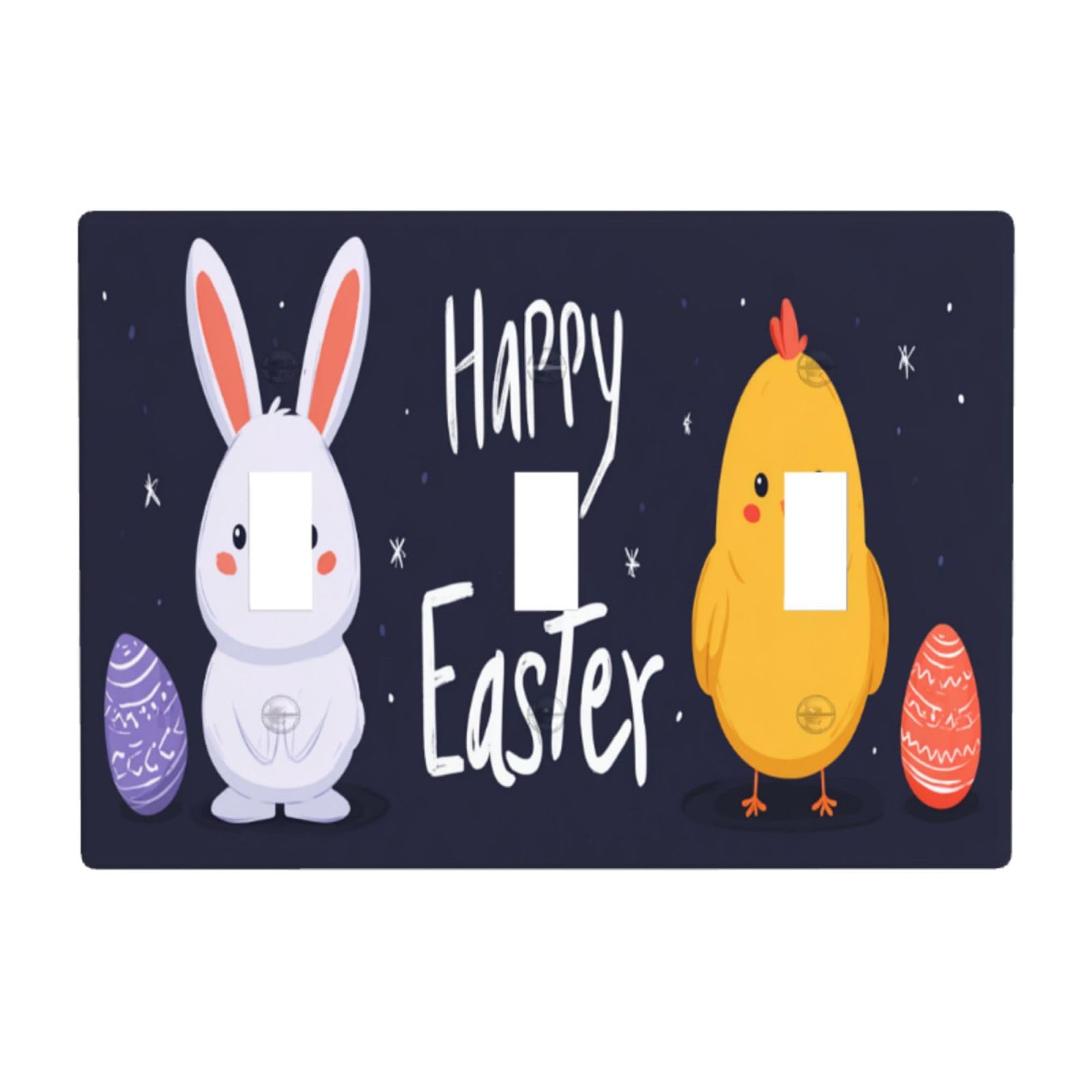 Easter Bunnies Chick and Colorful Eggs Light Switch Covers 3 Gang Triple Toggle Wall Plate Switchplate Electrical Faceplate for Bathroom Kitchen Bedroom Decor