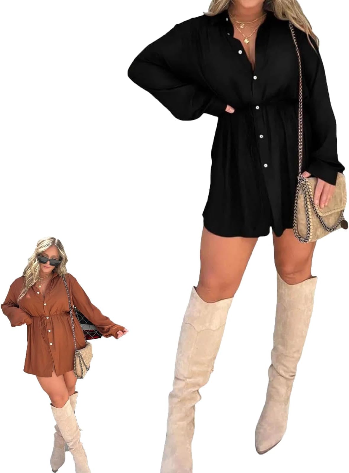 GoniomeSatin Dress Set, Satin Covered Nights Romper Dress, Women's Solid Color Casual Elegant Button Long Sleeve Shirt Suit