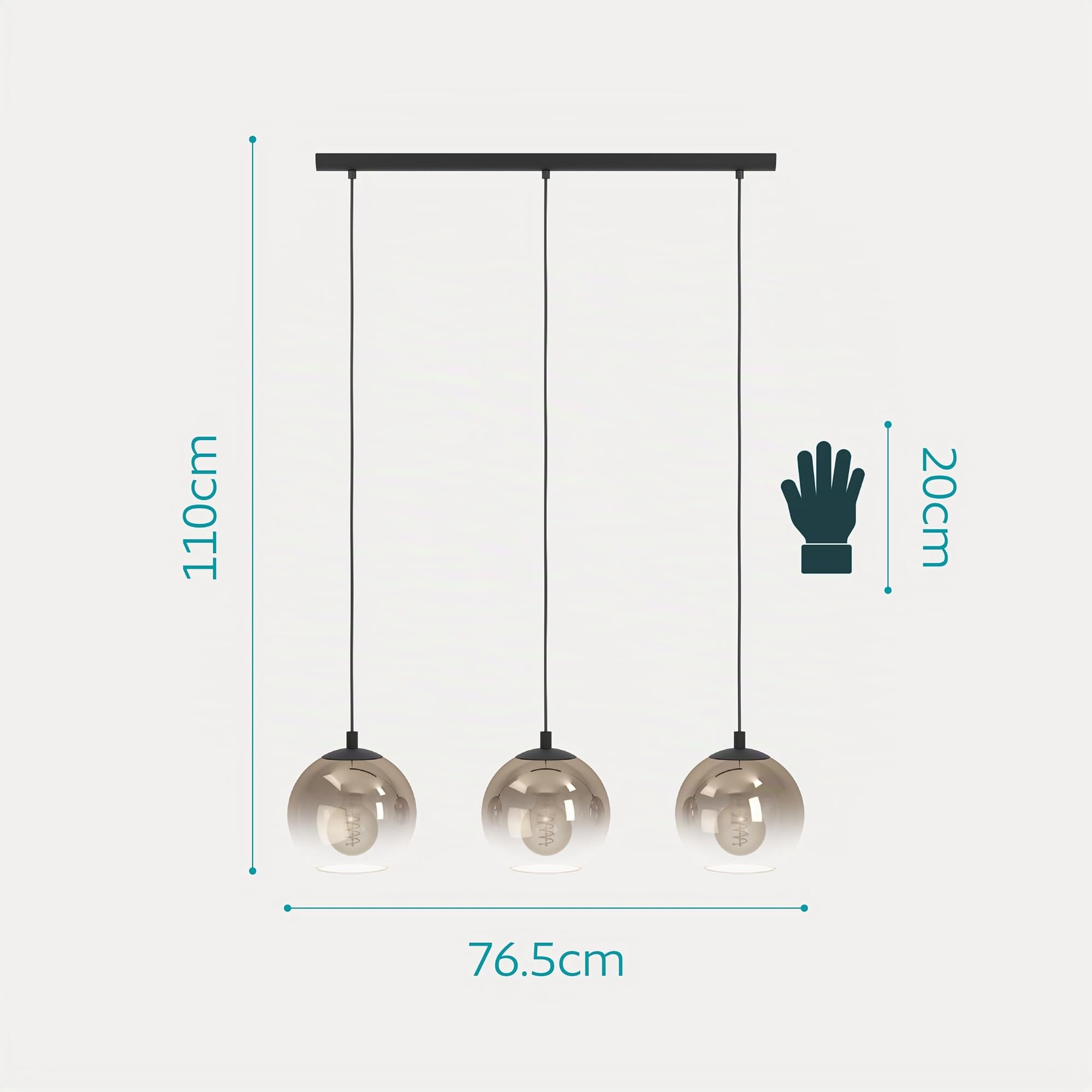 Eglo Lampada a sospensione Ariscani 1, a 3 luci, lampadario per tavolo da pranzo, in metallo nero e vetro color rame, attacco E27, Ø 76,5 cm