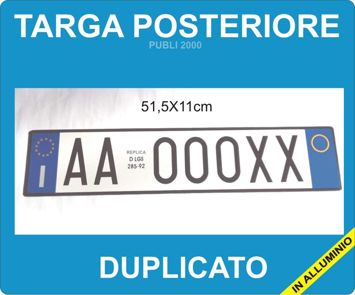 DUPLICATO Targa Auto Posteriore in Alluminio Personalizzabile Art.102 D
