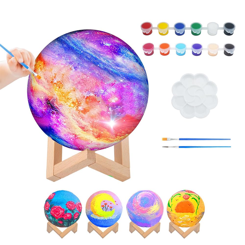GoodernPaint Your Own Moon Lamp Kit,DIY Space Moon Night Light with Stand,Paints & Brushes,3D Space Galaxy Moon Night Light Cool Art Supplies for Kids,Birthday Gifts for Bedrooms Space Decor-12cm