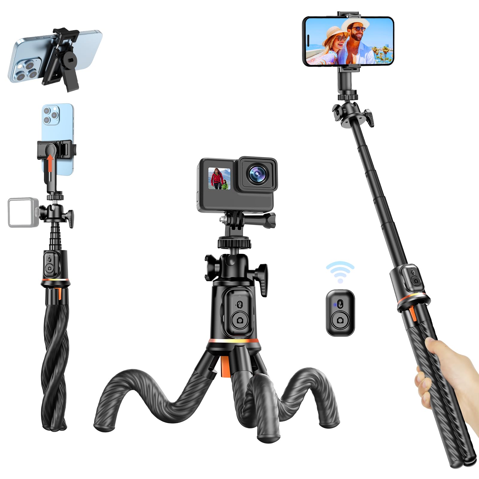 Eocean Mini Camera Tripod Stand with Cold Shoe Mount, Flexible Selfie Stick Phone Tripod with Remote, Small Travel GoPro Tripod for Video Recording Vlogging, Octopus Tripod for iPhone