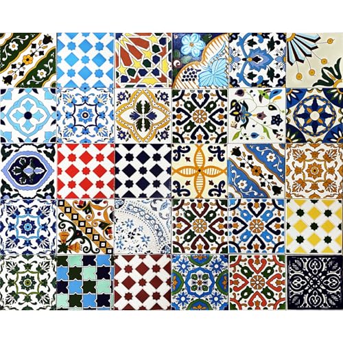 30 Mattonelle MISTE in ceramica smaltata. Pacco contenente 30 mattonelle decorate 15 X 15 cm spessore 0,6 cm - Mattonelle Tunisine realizzate con Serigrafia Artigianale. Adatte a rivestimento.