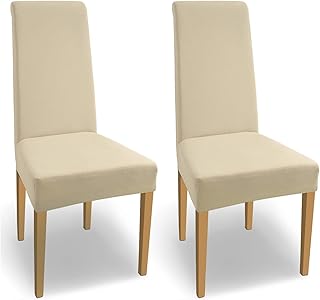 SCHEFFLER-Home Coprisedie Natalie / Set di 2 Copri Sedie da Pranzo Elastici / Sedie da Pranzo / Coprisedie Elasticizzato in Cotone con Fascia Elastica / Coprisedie Eleganti, Crema Panna