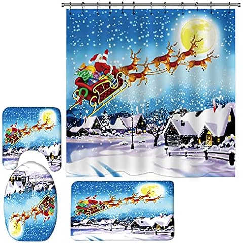 Christmas Shower Curtain Set for Bathroom Decorations ,4 Pcs Xmas Element Waterproof Tub Curtains with Bath Rugs , Washable Non-slip Mat,Toilet Cover and Hooks for Holiday Inside Outside Decor (A14) Cover
