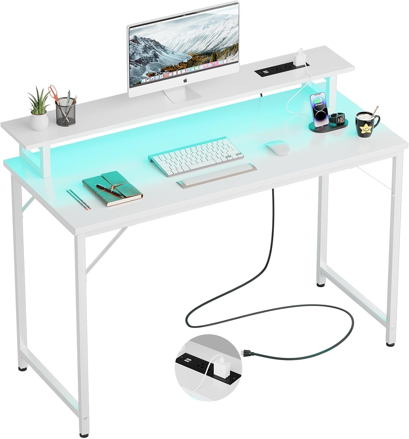 47 inch Computer Desk with Power Outlets, Gaming Desk with LED Lights, Home Office Work Desk with Monitor Shelf, Modern Office Desk Study Writing Table for Small Spaces, Black