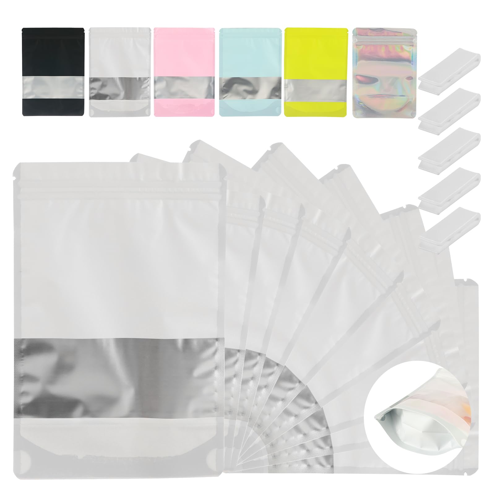 200 PCS-Stand Up Mylar Bags White for Food Storage 7.1x10.2+1.4 inch, Resealable Ziplock Bags with Visible Window Foil Pouch Bags Great for Packaging Small Craft,Perfect for Small Business Owner