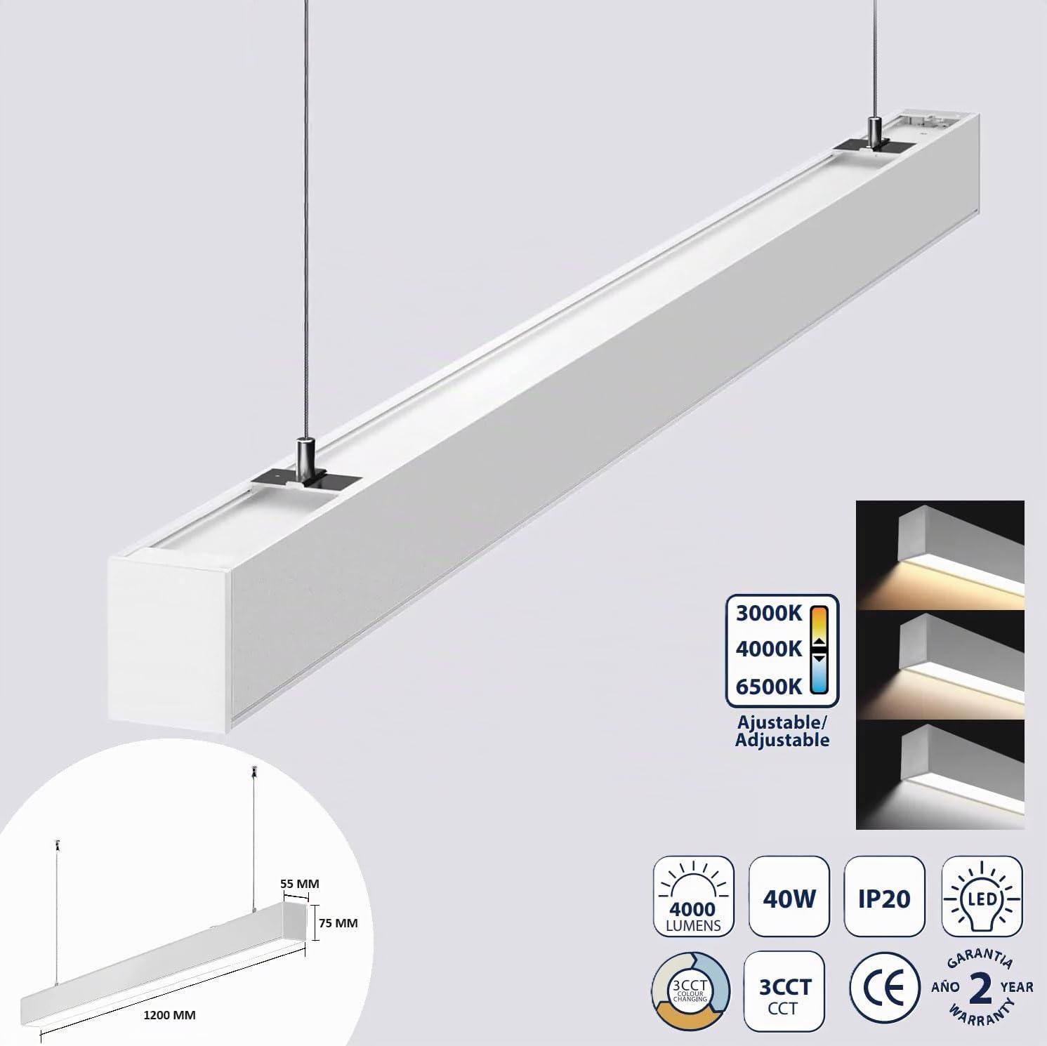ledbox Lámpara colgante/superficie METRO, ampliable, 40W, 120cm, 3CCT, blanco, 3000-4000-6000K
