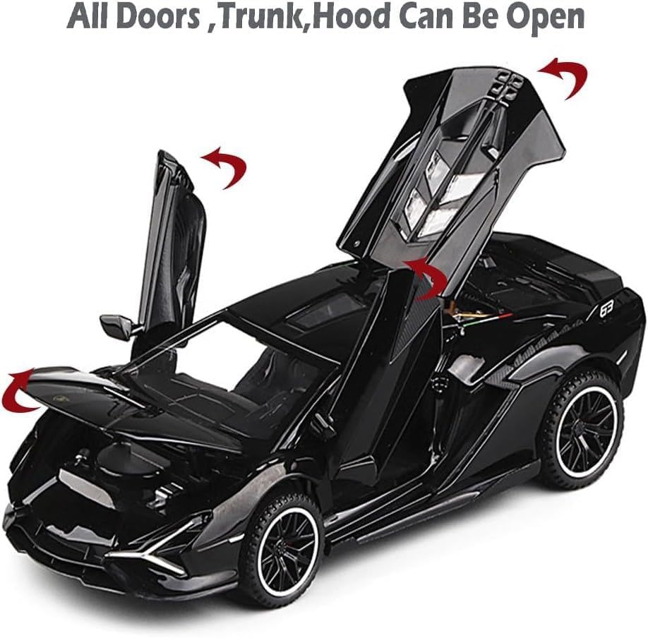 Image of 1:32 Lamborghini Sian Die-cast Metal Toy Car Pull Back Super Car with Openable Doors, Sound, Light for Kids Gifts (Black)
