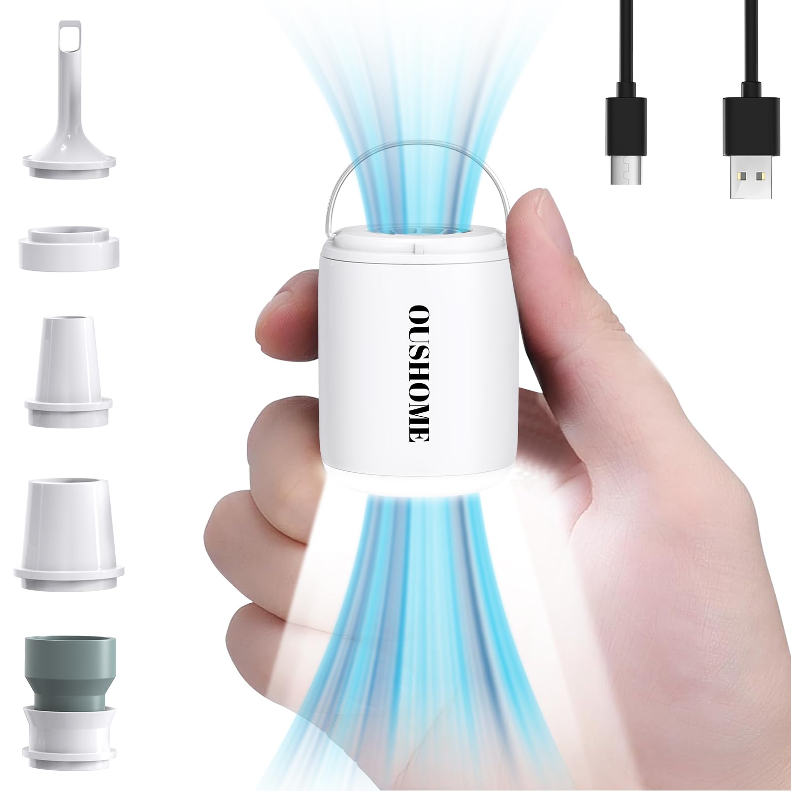 Oushome Ultra-Mini Portable Air Pump with Camping Light, USB Rechargeable, Magnetic Design for Inflatables, Pool Floats, Sleeping Pads, Vacuum Bags