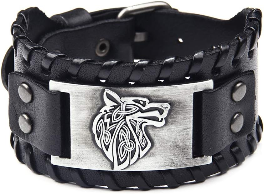 Jurxy Braided Rope Alloy Bracelet Punk Bangle Wristband Mens Leather Cuff Bracelet Wristbands Wide Cuff Leather Wrap Adjustable – Black Wolf Head
