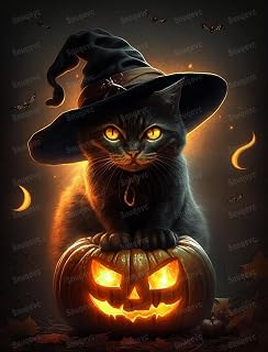 Snuqevc 5D Black Cat Pumpkin Lights Diamond Painting Kits, Vintage Fantasy Holiday Wall Decoration, Handmade Holiday Gift for Beginner Kids, for Room Decor, Halloween Decoration 12x12inch