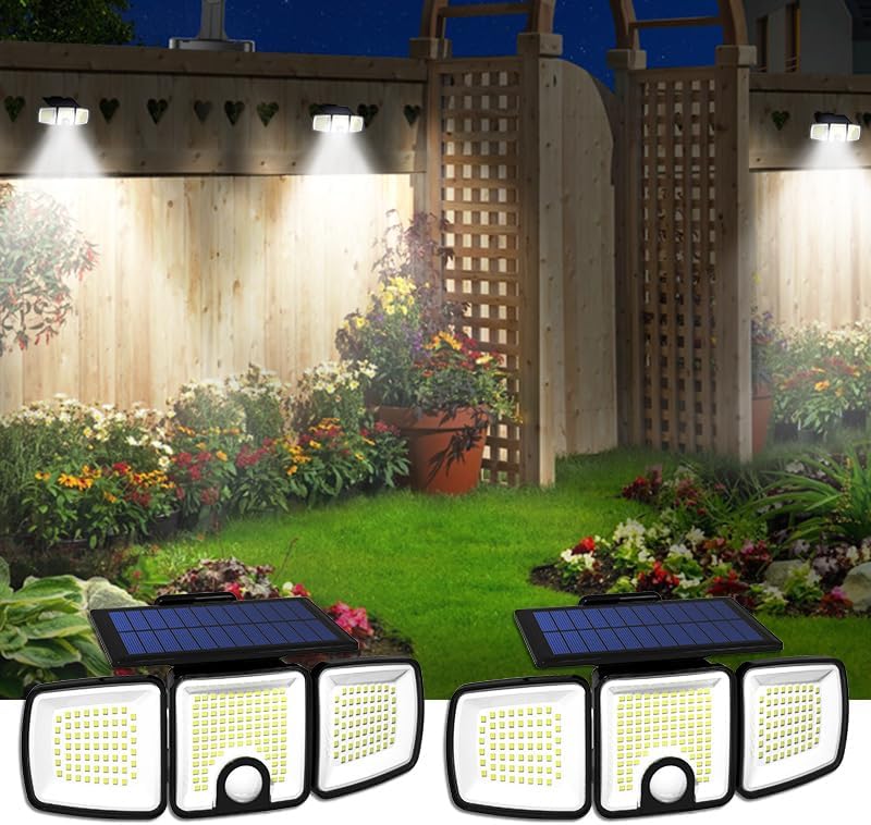 Luces solares para exteriores con sensor de movimiento, 223 luces LED de seguridad para exteriores, reflector LED impermeable IP65, 3 cabezales