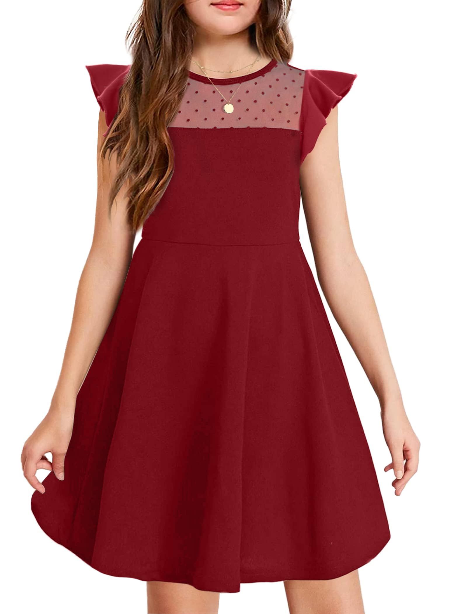 Arshiner Mädchen Kleid Sommerkleid Rüschen Kurzärmel Mesh A Line Casual Partykleider mit Taschen Kinder Kleider für 6-13 Jahre