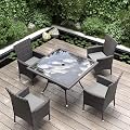 Kurapika 5-Piece Patio Furniture Outdoor Dining Set, Wicker Rattan Patio Dining Table and Chairs Set, Square Tempered Glass Tabletop with Umbrella Hole and 4 Chair Set, Grey