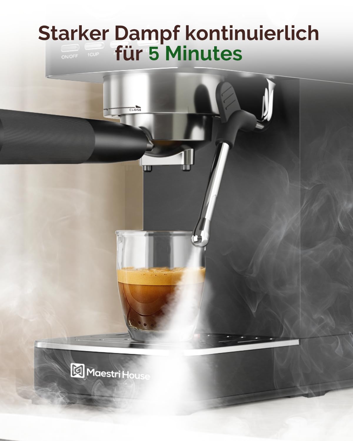 Maestri House Espressomaschine 20 Bar ULKA Pumpe, Kaffeemaschine mit Milchaufschäumer und Mengenanzeige, Edelstahl Kompaktmaschine für Cappuccino & Latte Macchiato, Schwarz