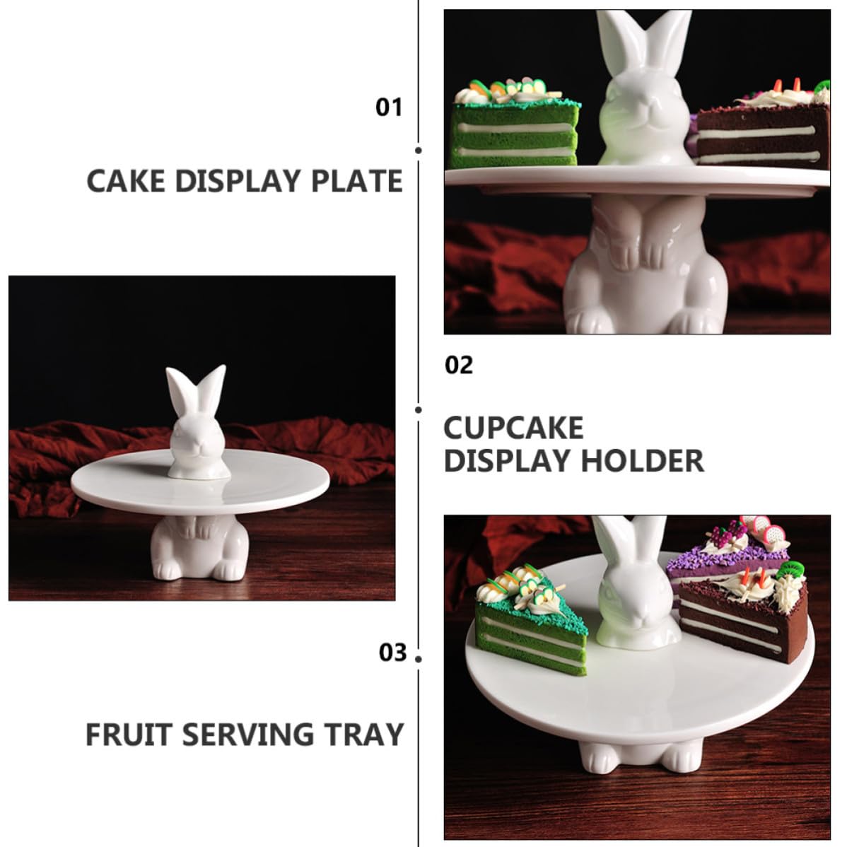 Plato para Servir Postres de Cerámica Blanco Diseño de Conejo, Base Estable Adecuado para Navidad y Fiestas Clásicas