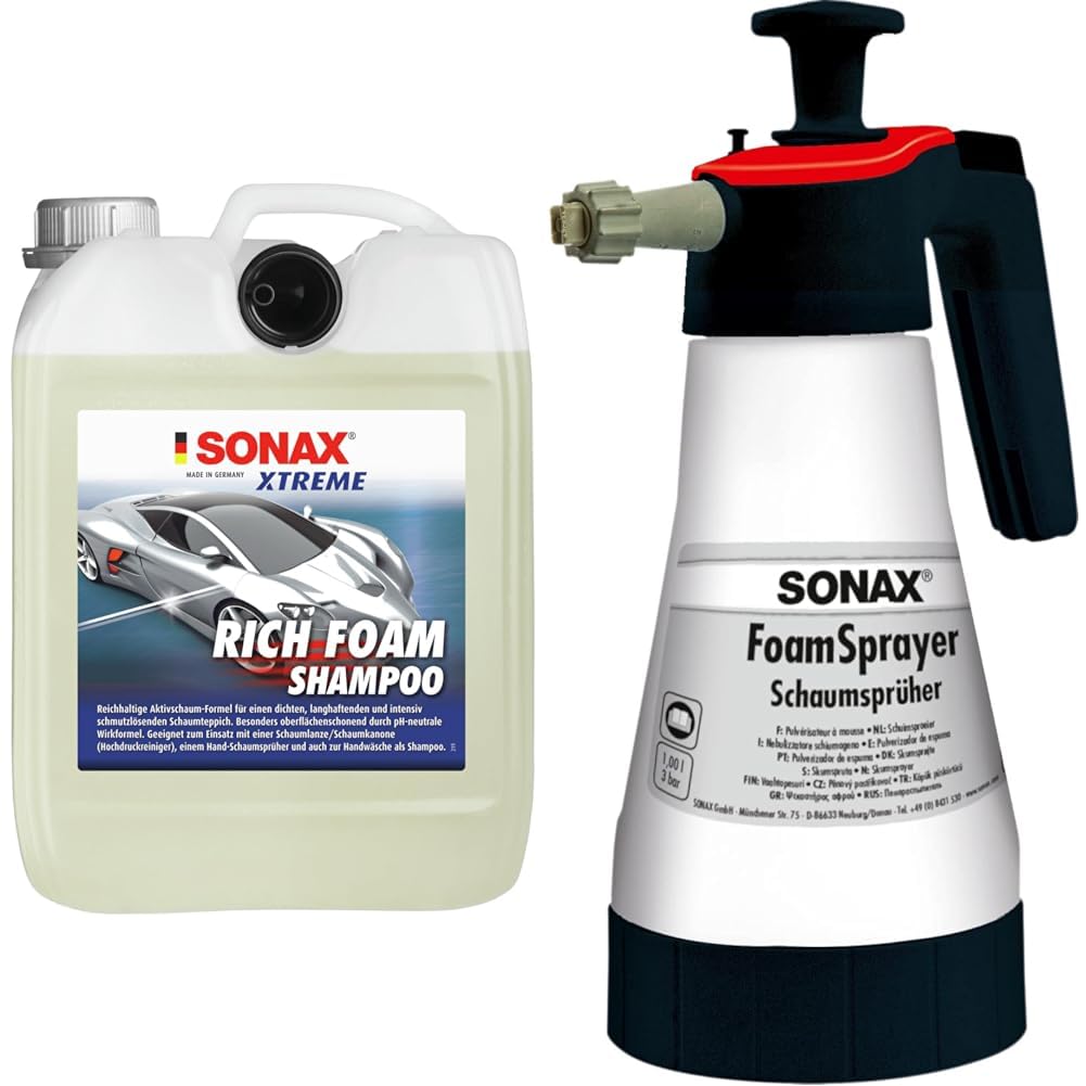 SONAX XTREME RichFoam Shampoo (5 Liter) & FoamSprayer 1 Liter (1 Stück) Schaumsprüher für ein gleichmäßiges Schaumbild und ein noch gründlicheres Reinigungsergebnis, Art-Nr. 04965410