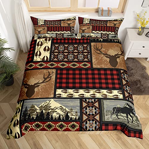 Erosebridal Moose Duvet Cover Vintage Western Bedding Sets King,Retro Red and Black Grid Plaid Comforter Cover Woodland Animal Reindeer Aztec Bed Sets Buffalo Plaid Decor,Geometric Lattice R
