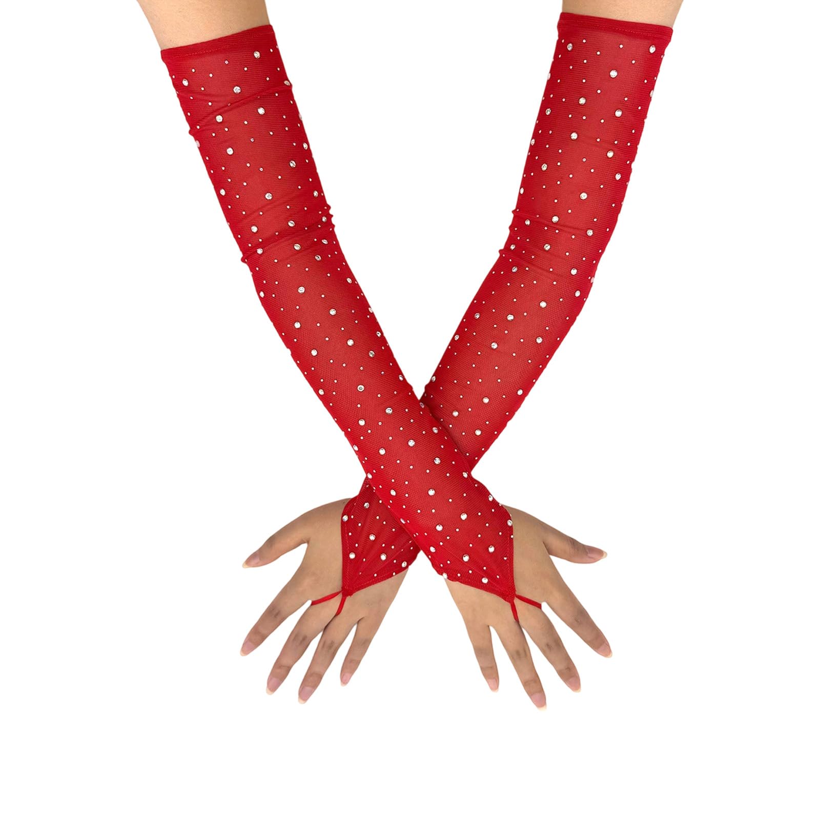 Maxtonser Stretchy Mesh Gloves With Sparkling Rhinestones Elegant Arm Sleeves For Women Evening Party Wedding Dance Formal Event