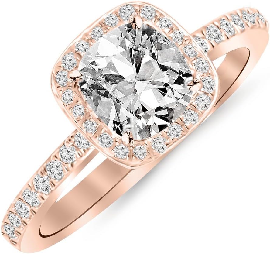 Houston Diamond District 1 Carat t.w. Classic Halo Style Cushion Shape Diamond Engagement Ring with a 3/4 Ct Forever Brilliant Cushion Moissanite Center
