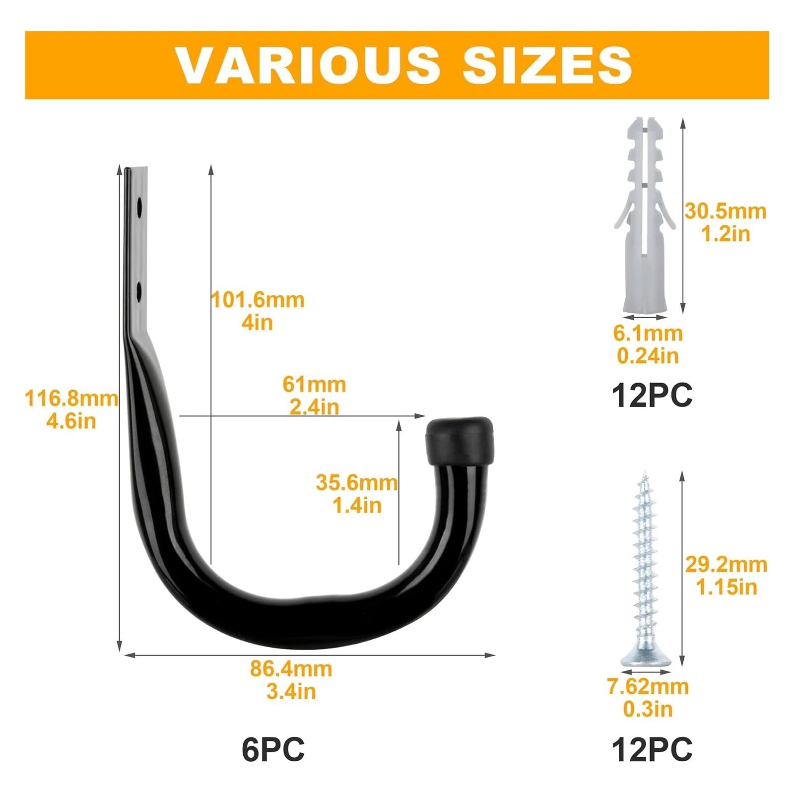 J Haken Robuste Garagenhaken for Aufhängen, große Garagenaufbewahrungshaken for Verlängerungskabel, Werkzeugkabel, schwarze, praktische Wandhaken mit Dübeln und Schrauben(Black-10Pcs)