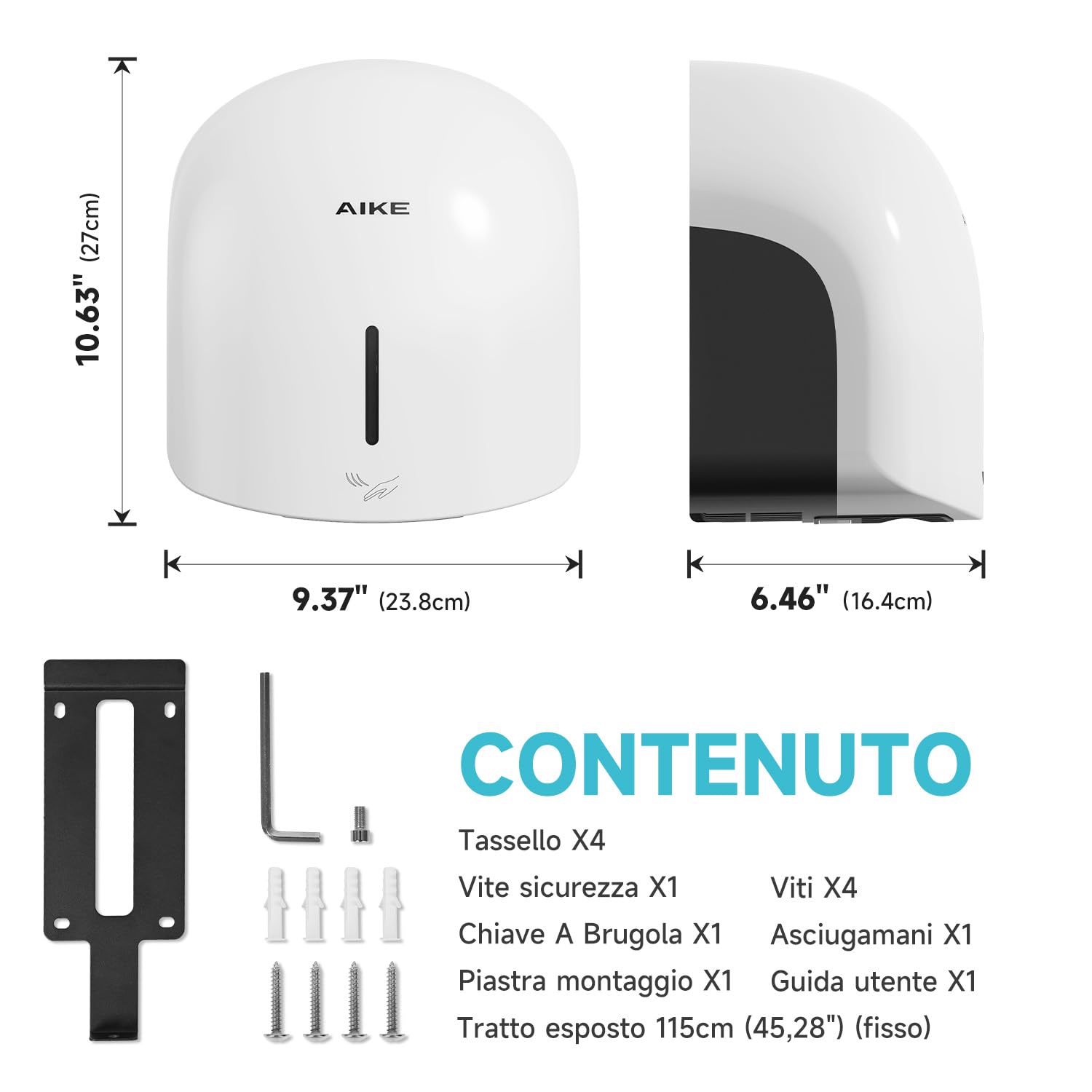 AIKE GentleAir Asciugamani Elettrico ad Aria Calda Silenzioso, per Casa & Bagni, AC220V-240V, Bianco Nuvola