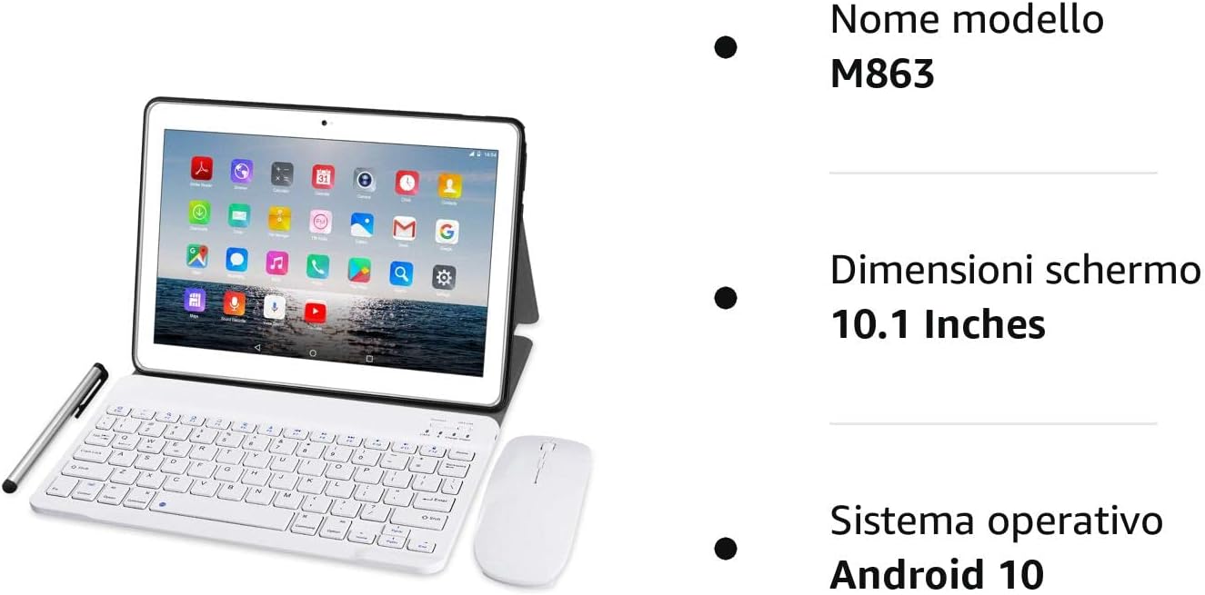 TOSCIDO Tablet 10 Pollici 4G LTE Octa Core 1.6GHz Tablet Android 10.0,4GB RAM,64GB ROM,Dual Sim,WiFi,Tastiera Wireless | Mouse | Cover per Tablet M863 e Altro Inclusa - Argento TOSCIDO Tablet 10 Pollici 4G LTE Octa Core 1.6GHz Tablet Android 10.0,4GB RAM,64GB ROM,Dual Sim,WiFi,Tastiera Wireless | Mouse | Cover per Tablet M863 e Altro Inclusa - Argento