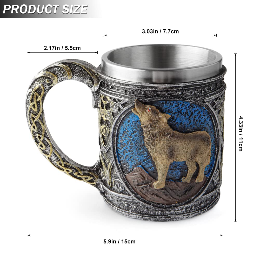 Edelstahlbecher mit Wolfsmotiv, Kunstharz, stereoskopisch, Retro-Wölfe-Tasse, Kaffeetasse, Halloween-Bierkrug, Wolfs-Dekor und Geschenke für Männer
